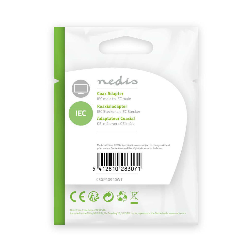 Nedis csgp40940wt coaxadapter iec (coax) mannelijk - iec (coax) mannelijk wit