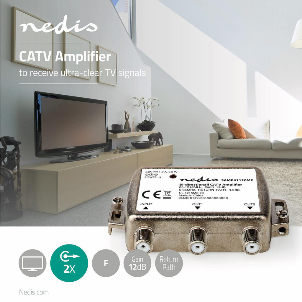 Nedis samp41120me catv versterker max. 9 db versterking 85 - 1218 mhz 2 uitgangen retourkanaal -4,5 db 5 - 65 mhz f