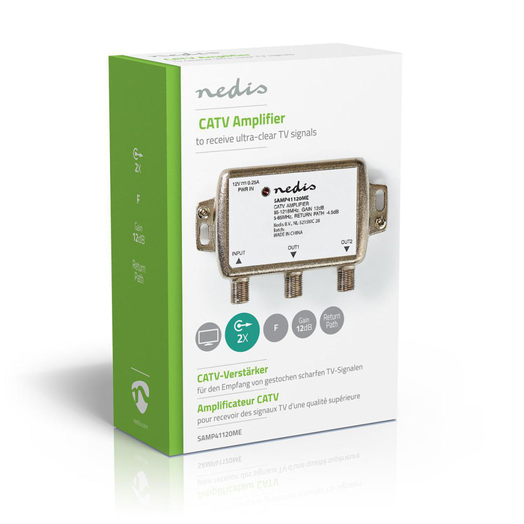 Nedis samp41120me catv versterker max. 9 db versterking 85 - 1218 mhz 2 uitgangen retourkanaal -4,5 db 5 - 65 mhz f