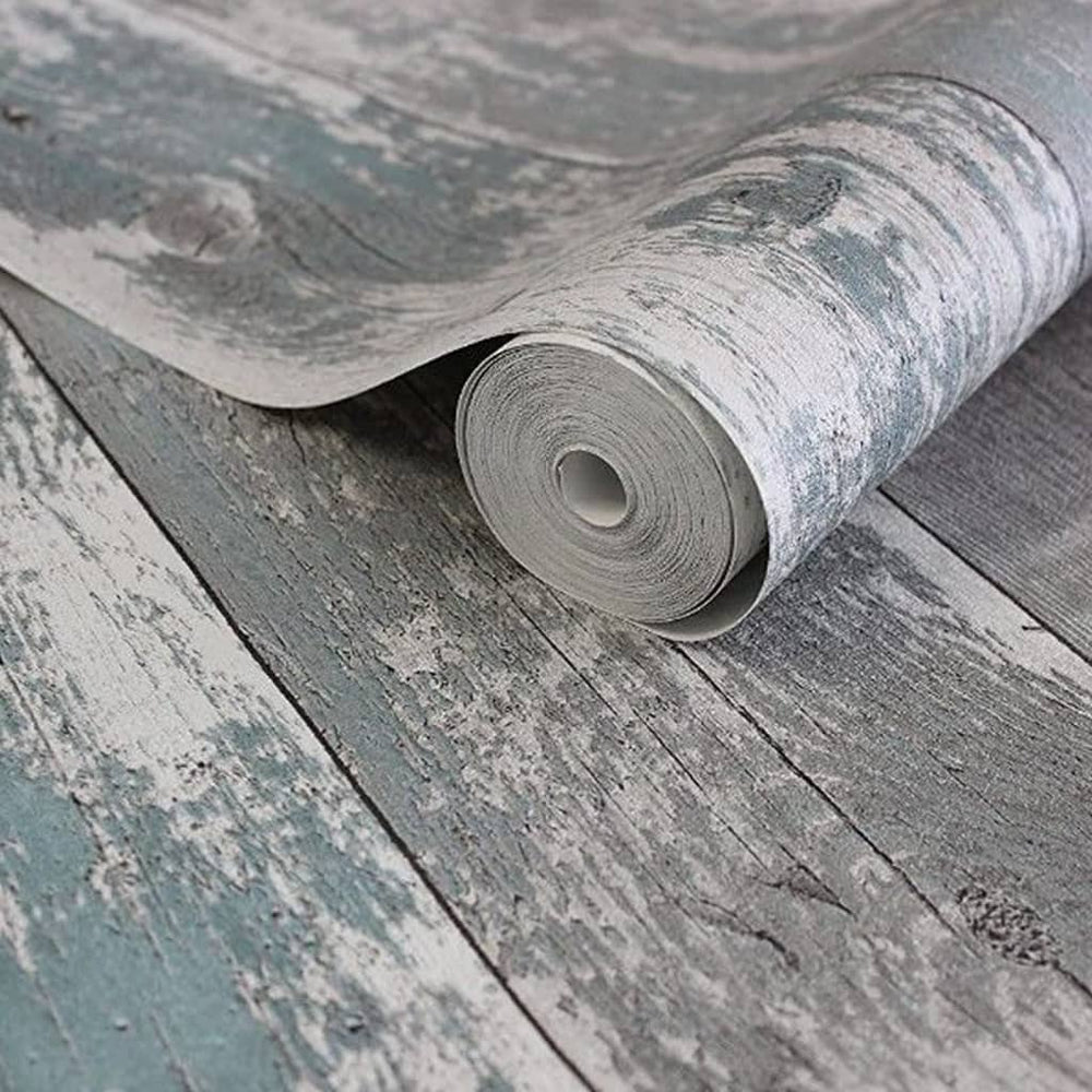 Noordwand behang topchic houten planken donkergrijs en blauw