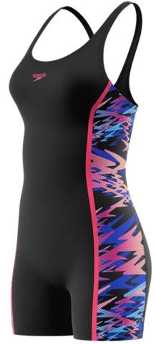 Speedo hyperboom splice muscleback legsuit dames sportbadpak - kleurvast badpak dames met pijpjes - zwempak dames met borstvoering - sportbadpak dames met muscleback - zwart roze - 42