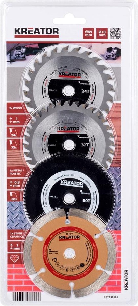 Kreator krt090101 set van 4 cirkelzaagbladen voor mini-cirkelzaag - ø89 mm