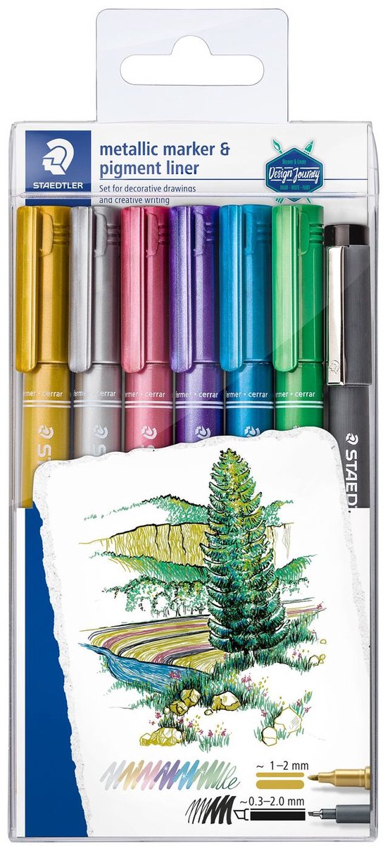Staedtler design journey metallic pen - promo set 6 kleuren + gratis pigment liner
