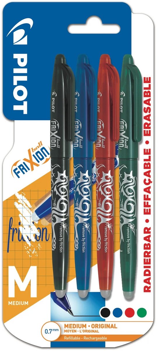 Pilot ball balpen frixion kleurenassortiment, medium punt, 0,7 mm, blister met 4 stuks