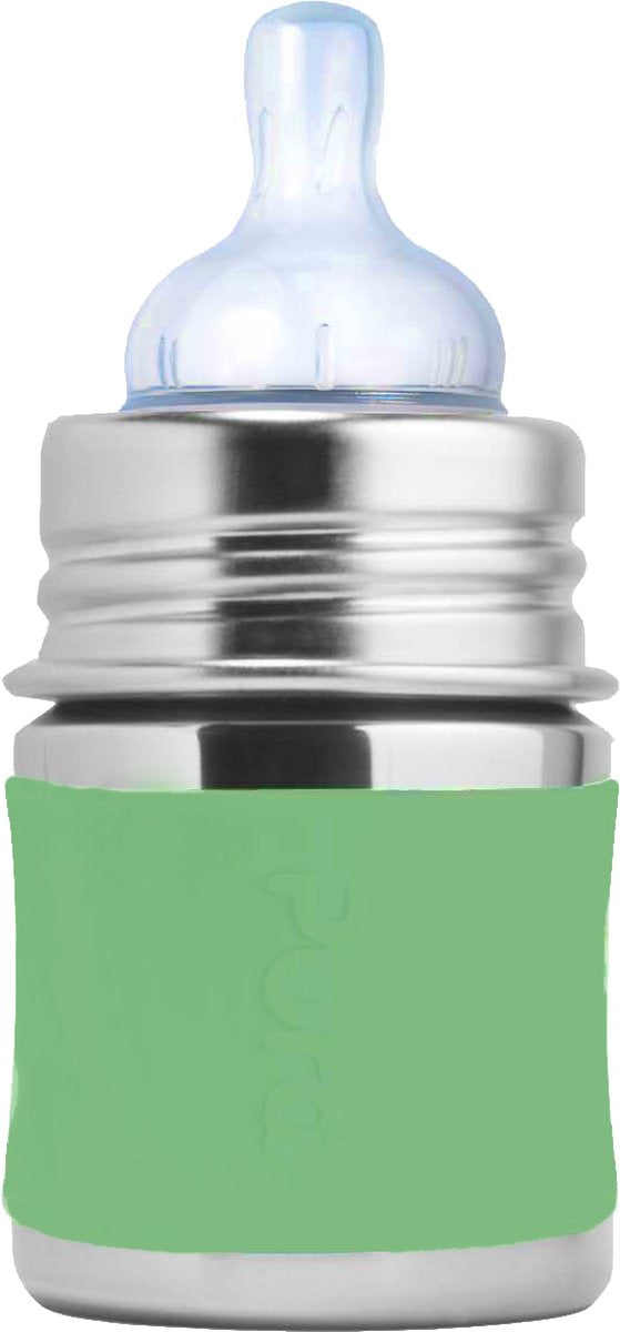 Pura speenfles 150 ml - plasticvrij - drinkfles - voorkomt maagkrampen - vaatwasserbestendig - inclusief siliconen speen, reisdop en sleeve - top is verwisselbaar - veelzijdig - moss