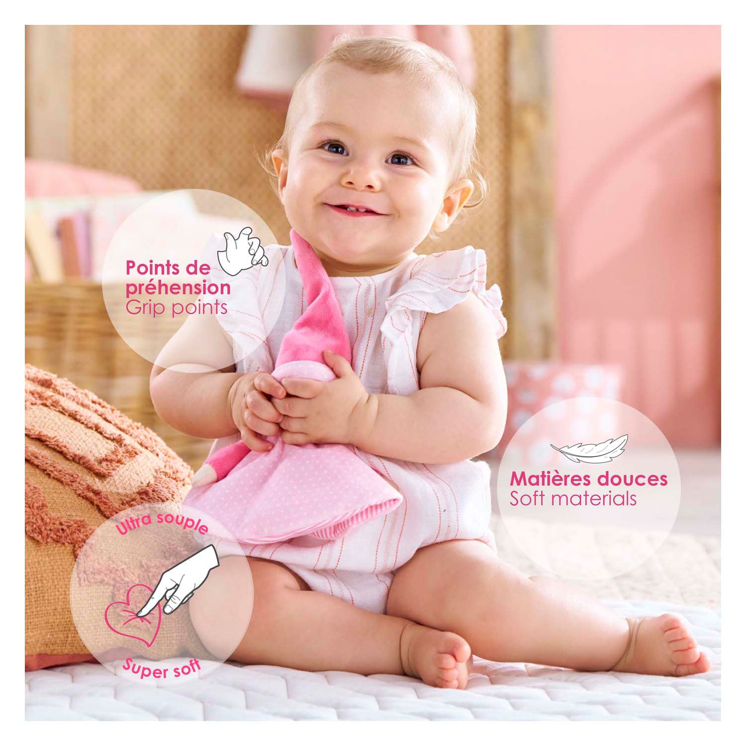 Corolle knuffeldoek roze - tidoudou babydoekje 17cm voor baby's.