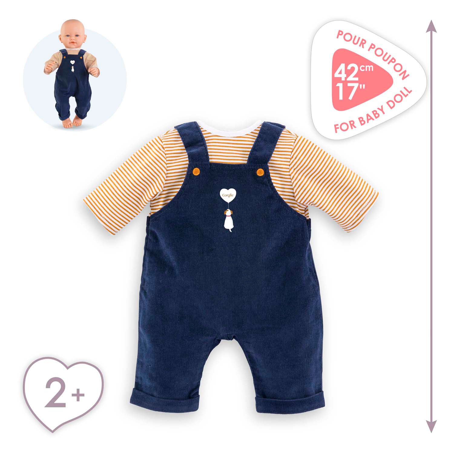 Corolle t-shirt en marineblauw overall voor babypop, 42cm