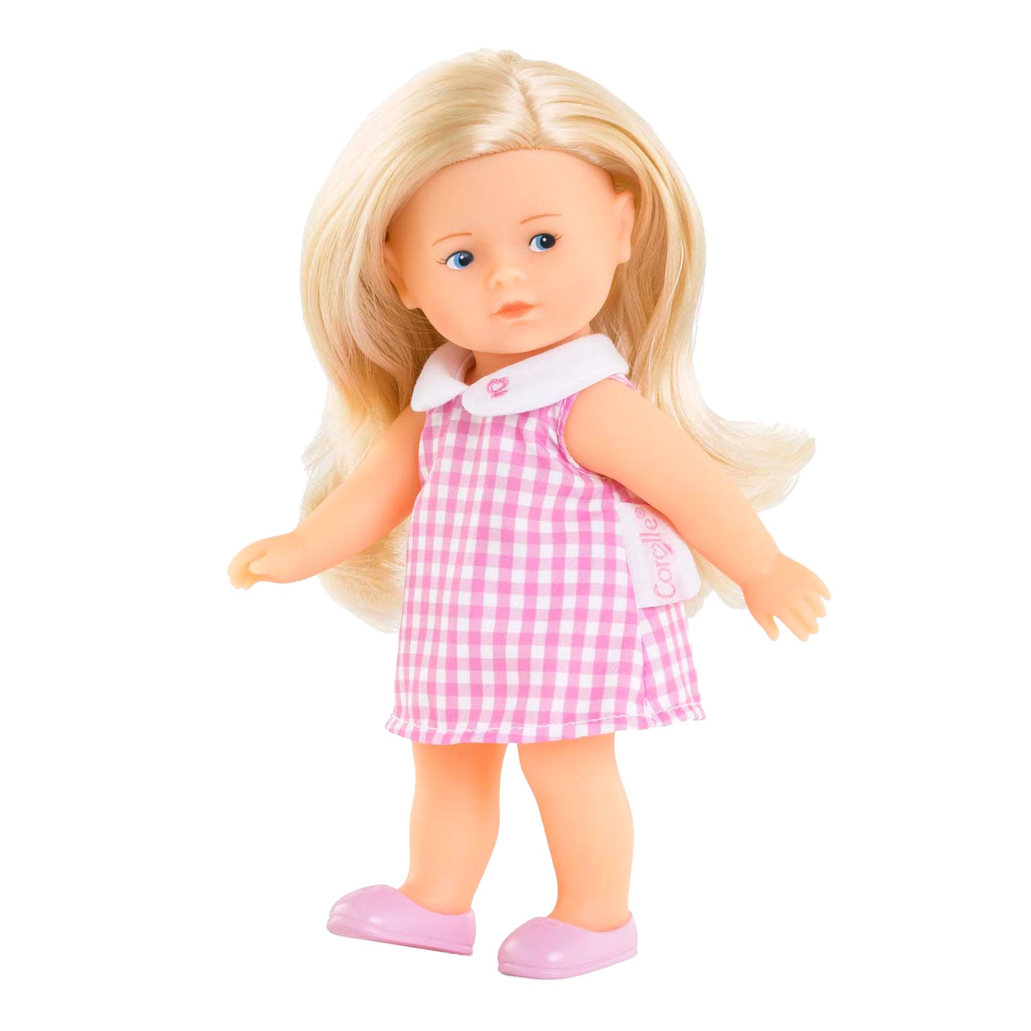 Corolle babypop mini corolline rosy met roze geruite jurk pop.