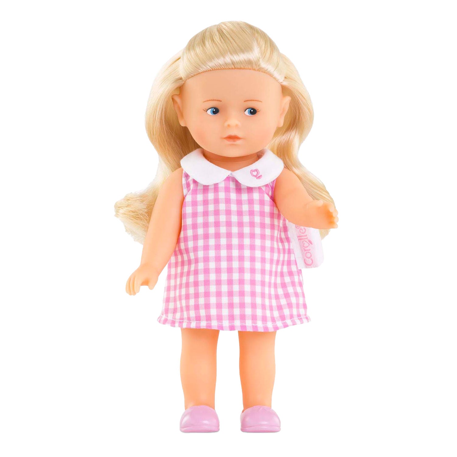 Corolle babypop mini corolline rosy met roze geruite jurk pop.