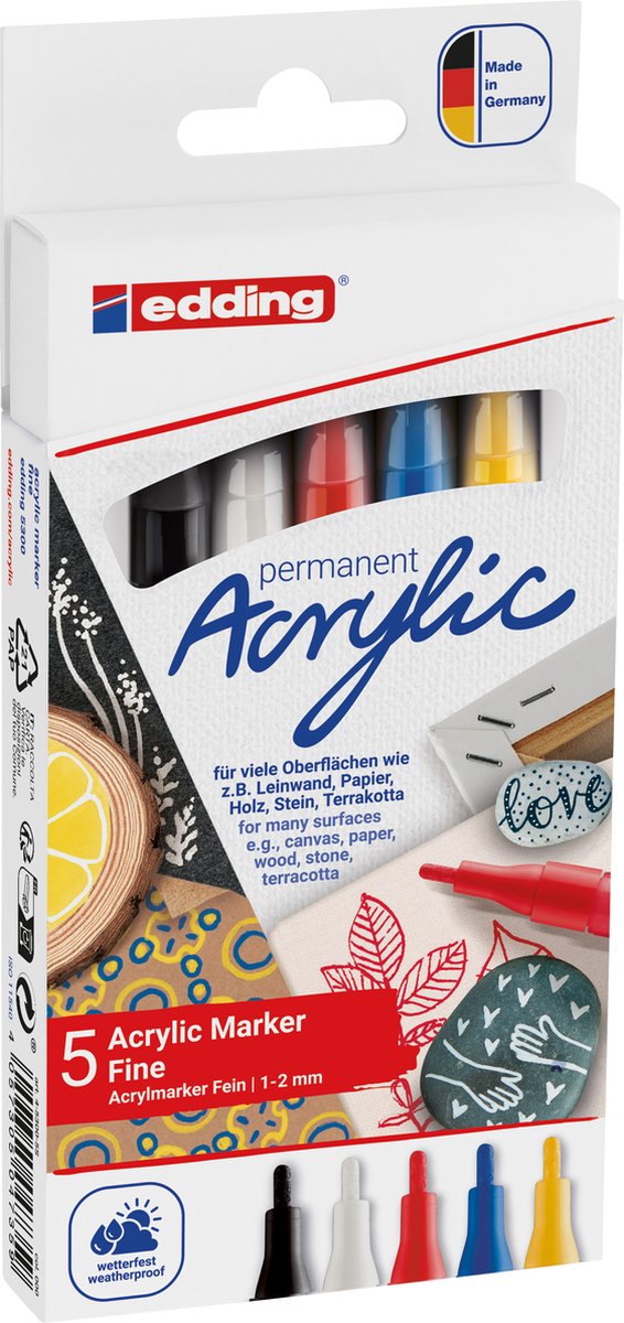 Edding 5300 acrylstiften fijn - 5 basis kleuren - zwart, verkeersrood, gentiaanblauw, zonnig geel en verkeerswit - ronde punt van 1-2 mm - watervaste inkt voor het tekenen op o.a. canvas, kunstpapier, hout, kiezelstenen en steen