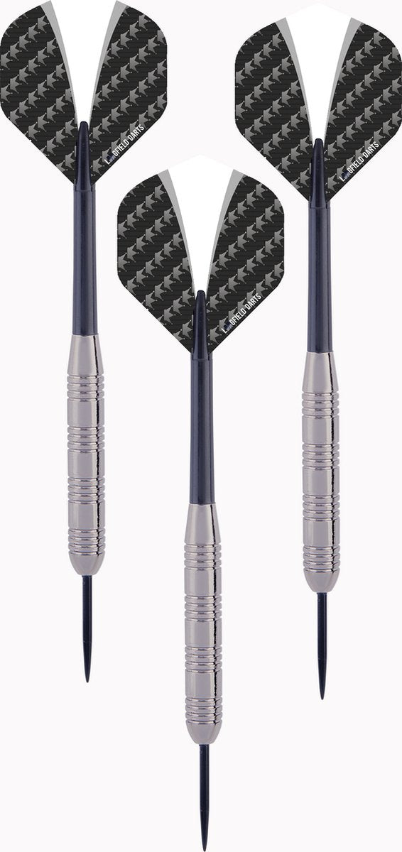 Engelhart darts tungsten look set 23 g – 3 steeltip dartpijlen – tungsten look barrel – nylon shaft – wit zwarte flight – inclusief etui – longfield