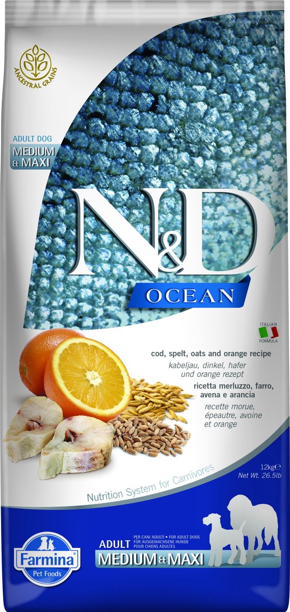 N d ocean hondenvoeding kabeljauw met spelt medium maxi 12 kg