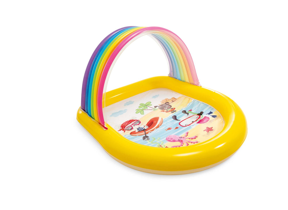 Regenboogzwembad met watersproeiers