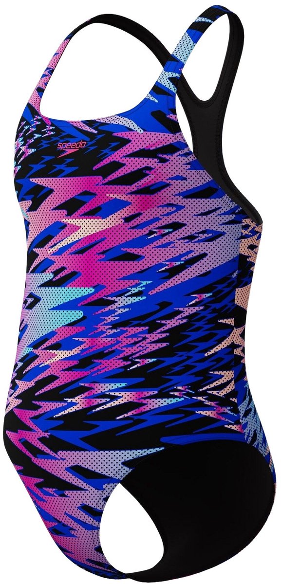 Speedo hyperboom print medalist meisjes sportbadpak - kleurvast badpak meisjes - chloorbestendig zwempak meisjes - sportbadpak meisjes met medalist-bandjes - zwart roze - 128