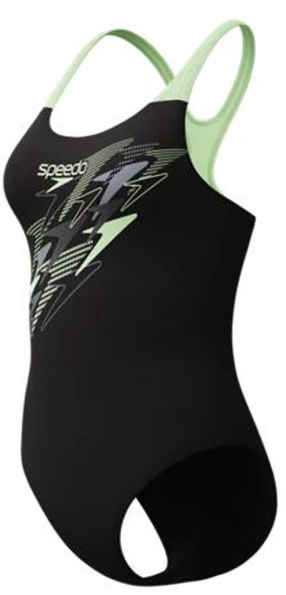 Speedo medley logo medalist 1 piece dames sportbadpak - kleurvast badpak dames - chloorbestendig zwempak dames - sportbadpak dames met medalist-rug - zwart groen - 44