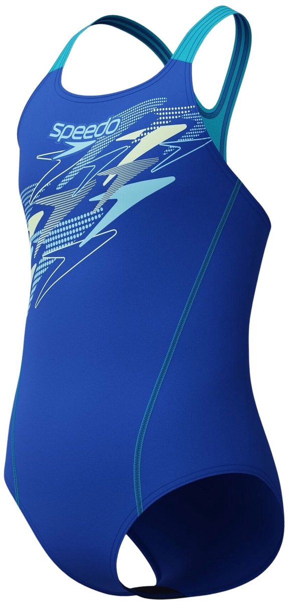 Speedo medley logo medalist meisjes sportbadpak - badpak meisjes met stretch - vormvast zwempak meisjes - sportbadpak meisjes met medalist-bandjes - blauw paars - 152