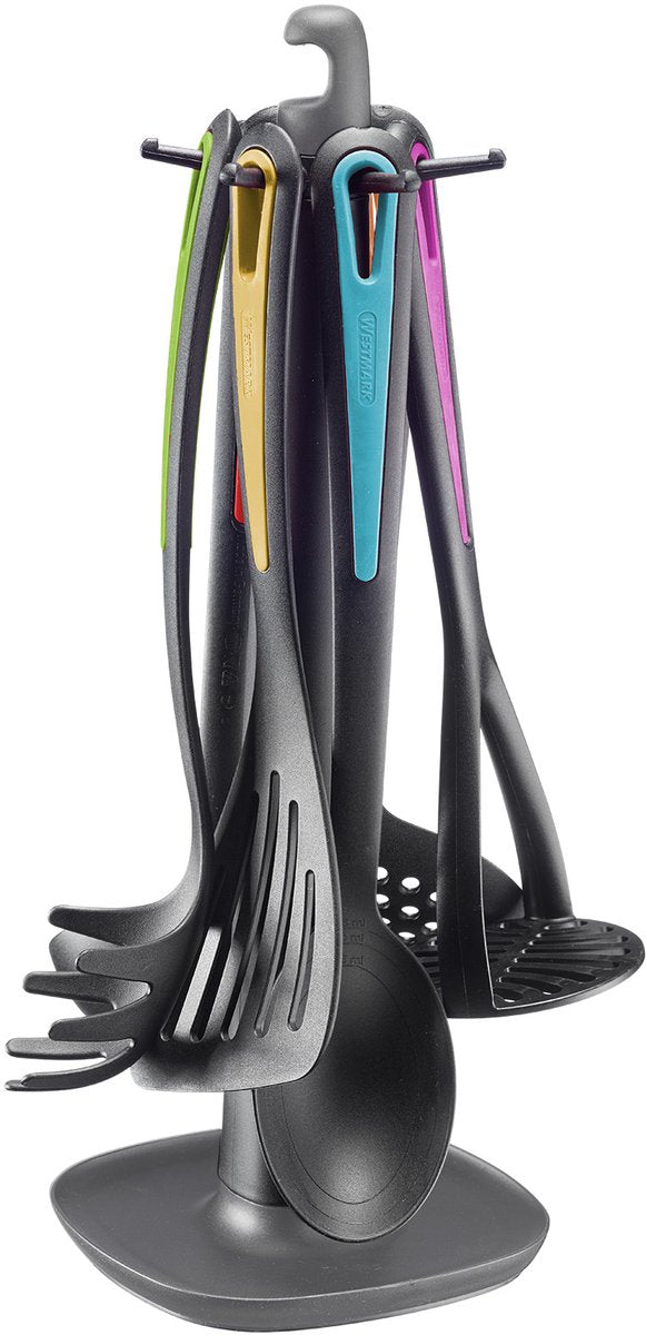 Westmark keukengerei – draaibare standaard gallant met aaardappelstamper, groentelepel, spaghettilepel, soeplepel, schuimspaan en spatel – meerkleurig, 7–delige set