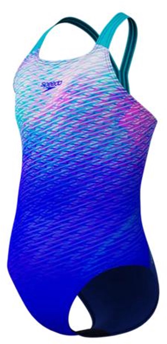 Speedo print powerback meisjes sportbadpak - kleurvast badpak meisjes - chloorbestendig zwempak meisjes - sportbadpak meisjes met powerback-bandjes - blauw turquoise - 152