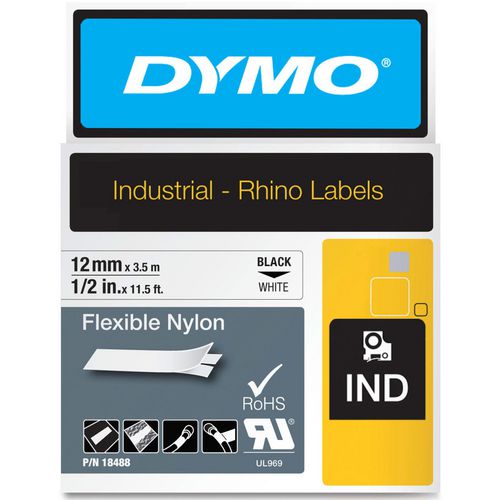 Tape nylon rhino dymo 12mmx3,5m zwart wit