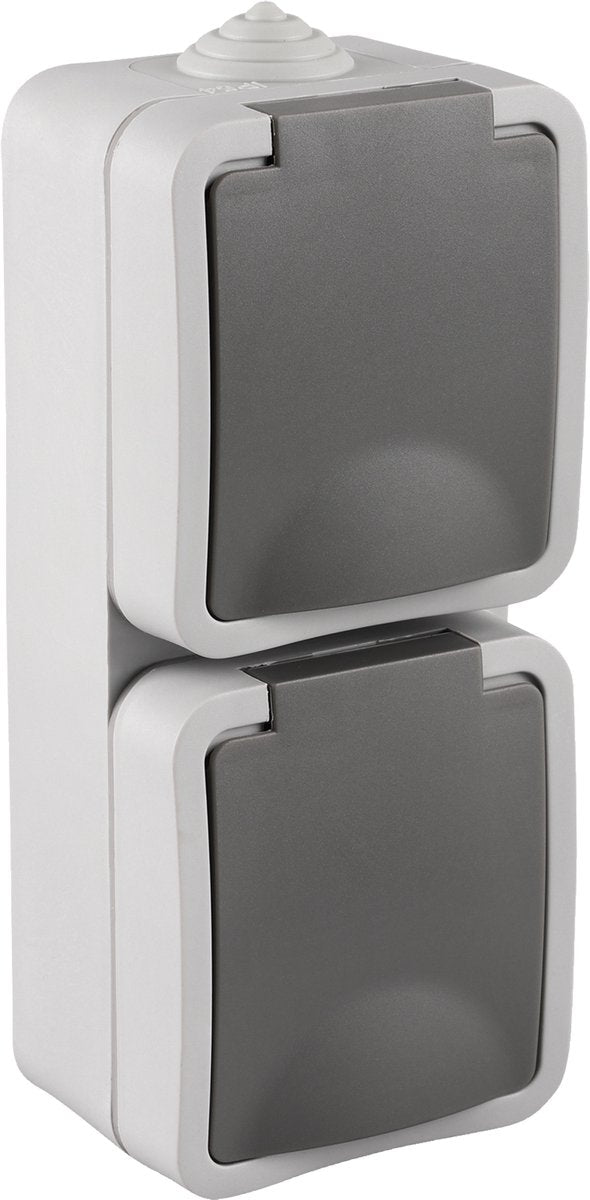 Q-link dubbel buitenstopcontact â€“ opbouw stopcontact â€“ wandcontactdoos â€“ ip54 spatwaterdicht â€“ verticaal â€“ grijs
