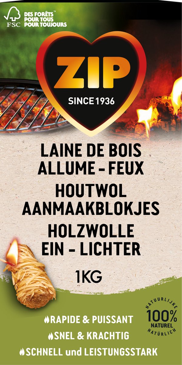 Zip aanmaakwokkels 1 kilo - aanmaakblokjes openhaard bbq - keramische barbecue - natuurlijk en geurloos - houtwol - 1 zak (+ - 85 stuks)