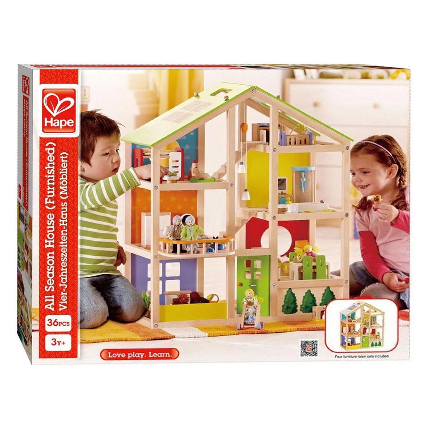 Hape poppenhuis vier seizoenen - volledig ingericht houten poppenhuis met 36 onderdelen, 3 jaar+