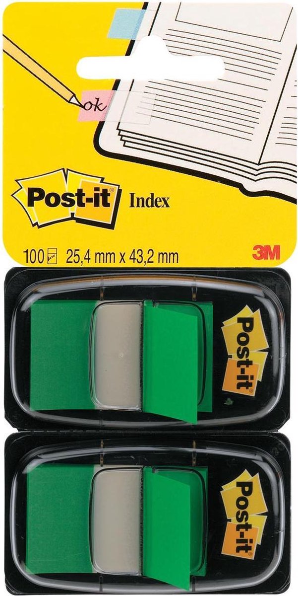 Post-it ® index standaard duo pack, groen, 25.4 x 43.2 mm, 50 tabs dispenser