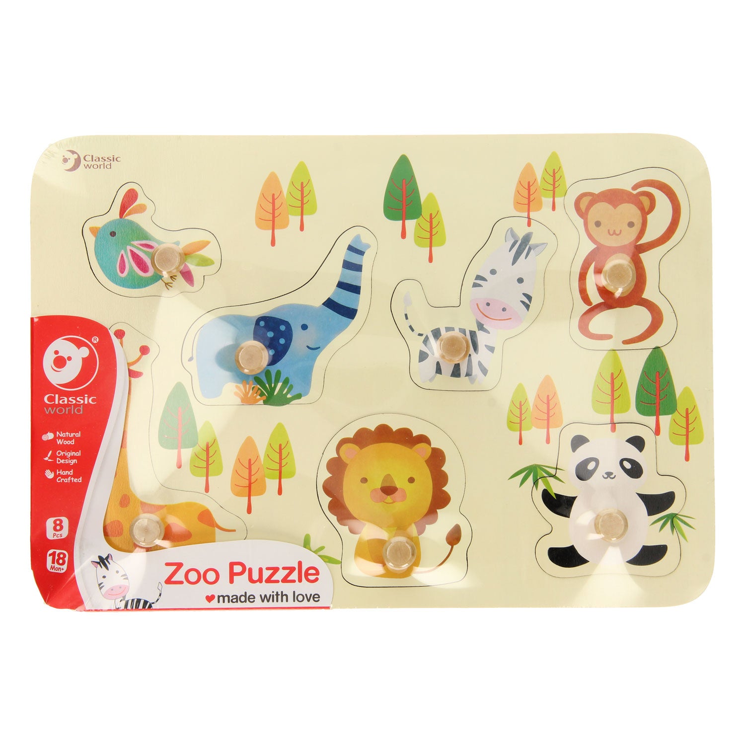 Klassieke wereld houten noppenpuzzel wilde dieren, 7st.