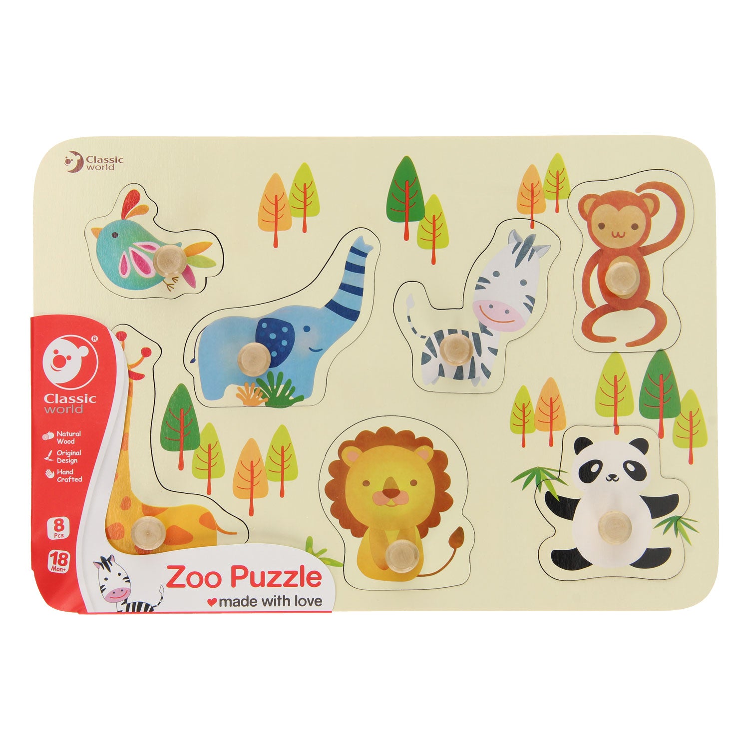 Klassieke wereld houten noppenpuzzel wilde dieren, 7st.