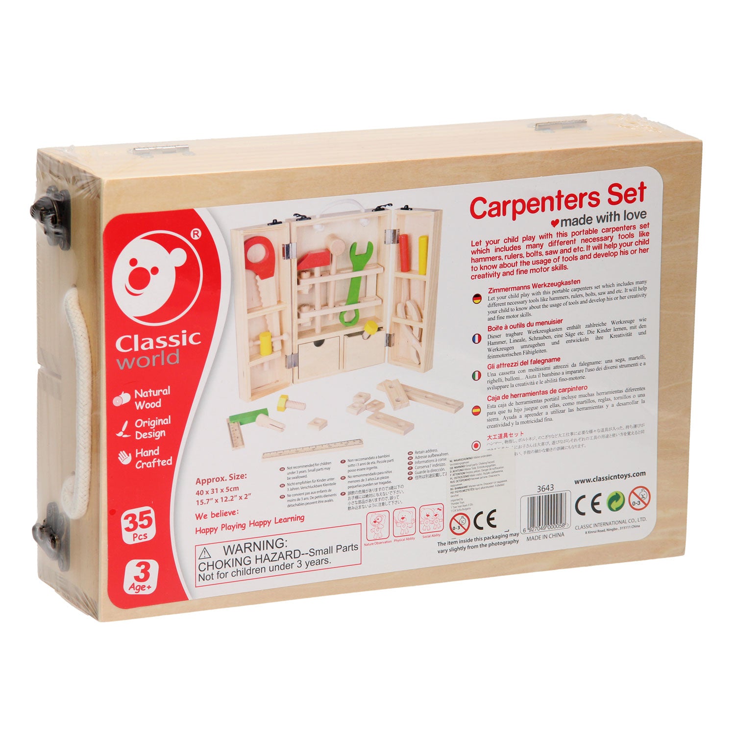 Klassieke wereld houten gereedschapskoffer, 35dlg.