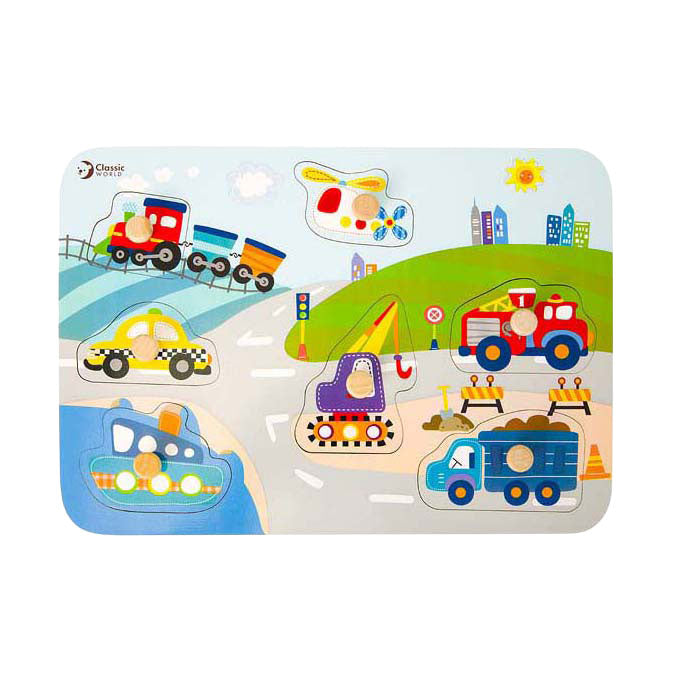 Klassieke wereld houten noppenpuzzel verkeer, 8st.