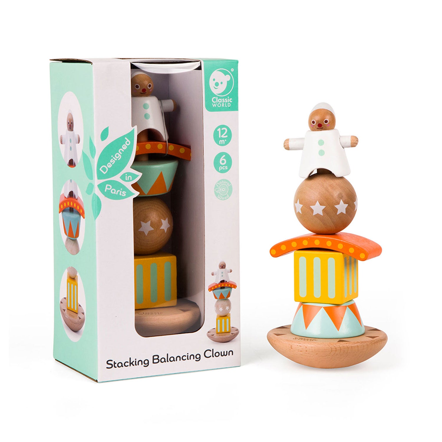 Klassieke Wereld Wereld Houten Stapel en Balansspel Clown, 6dlg.