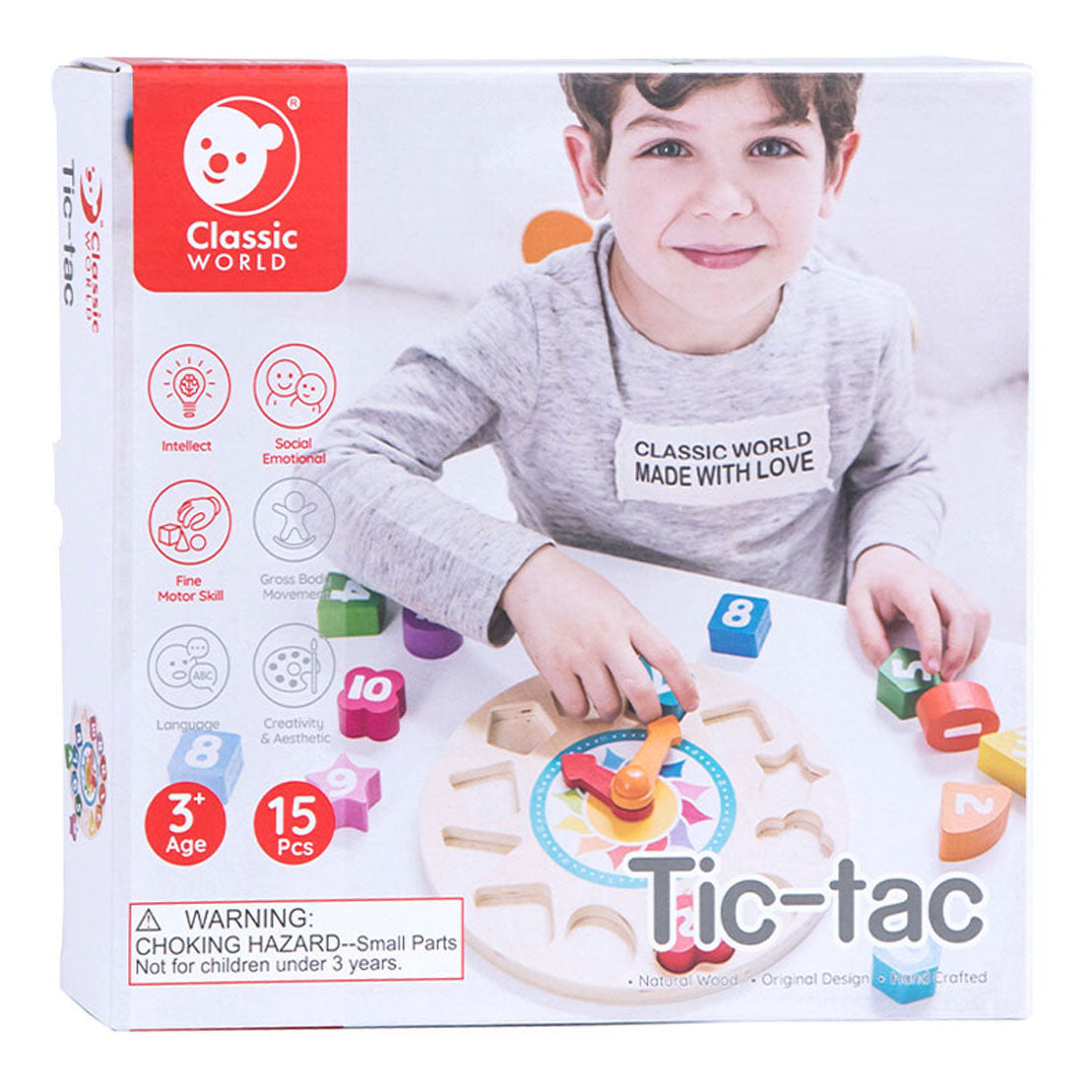Klassieke Wereld Wereld Houten Leerklok met Vormen Tic-Tac, 15dlg.