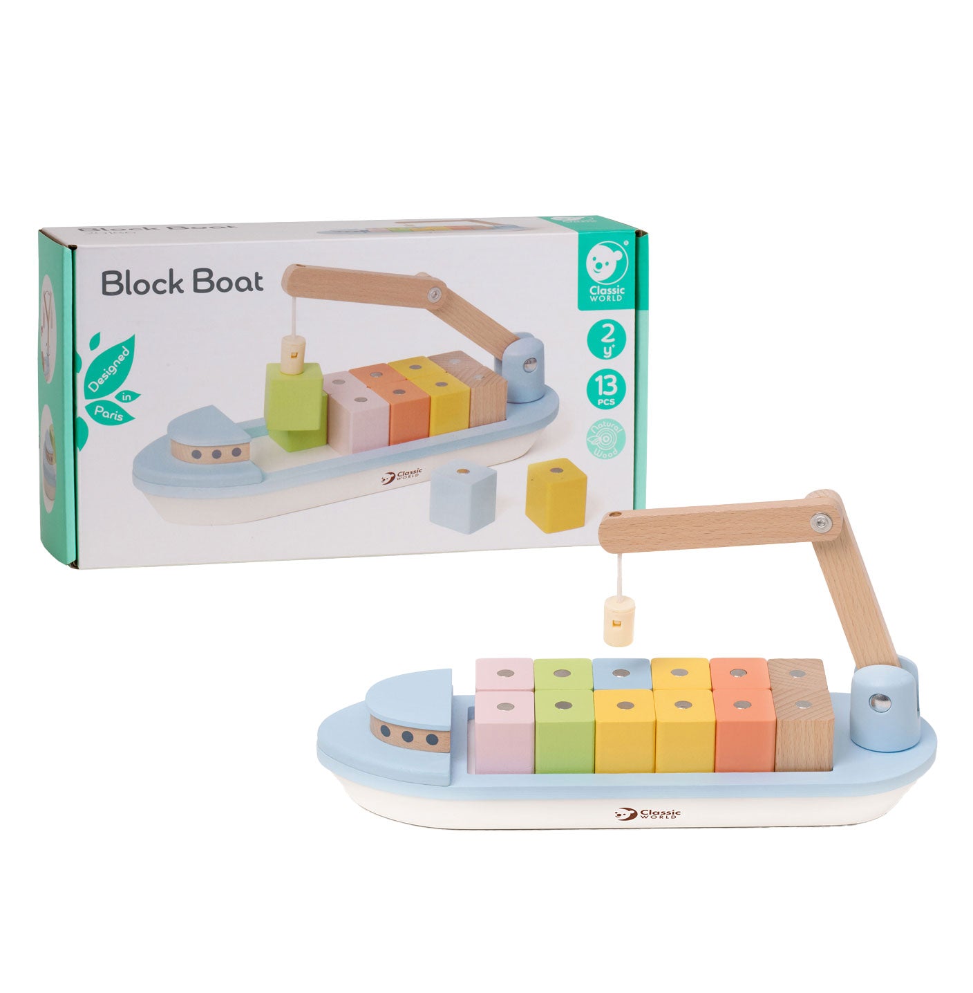 Klassieke Wereld Wereld Houten Blokkenboot met Kraan, 13dlg.