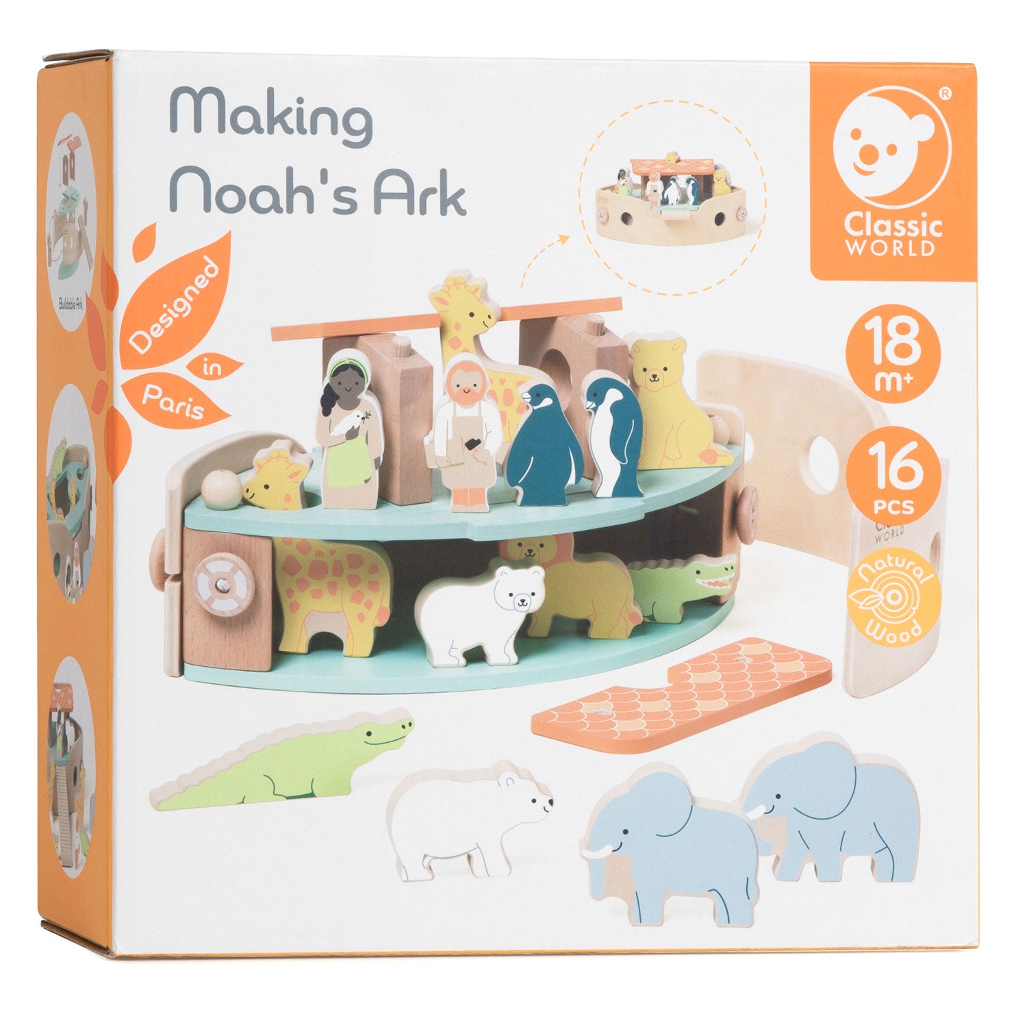 Klassieke Wereld Wereld Houten Arklaars van Noach Bouwset met Dieren, 16dlg.