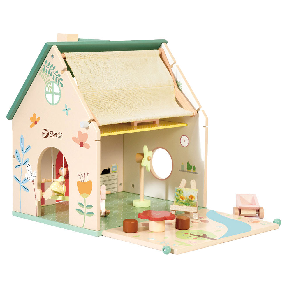 Klassieke wereld houten poppenhuisje met tuintje, 10dlg.