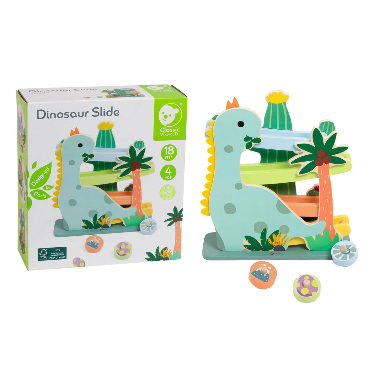 Klassieke wereld houten ballenbaan dinosaurus, 4dlg.