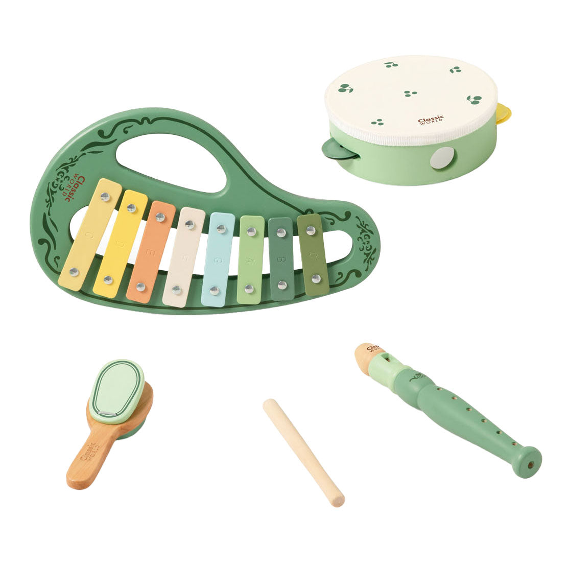 Klassieke houten vintage muziekinstrumentenset, 5dlg.