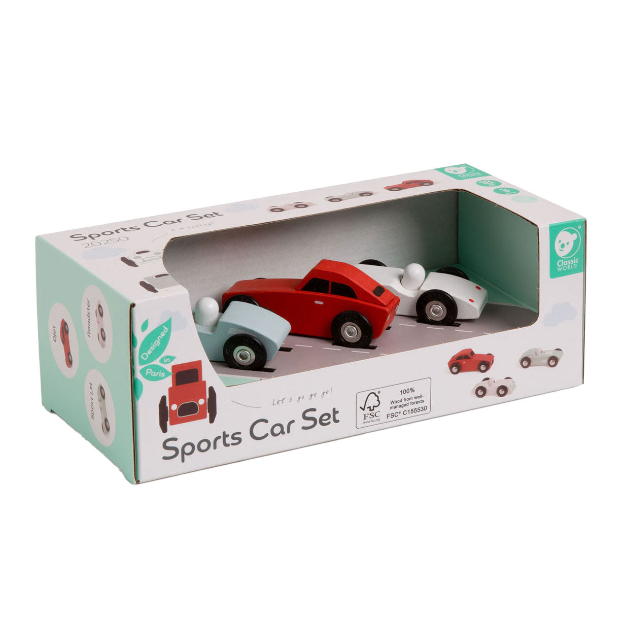 Klassieke wereld houten sportauto's set, 3st.