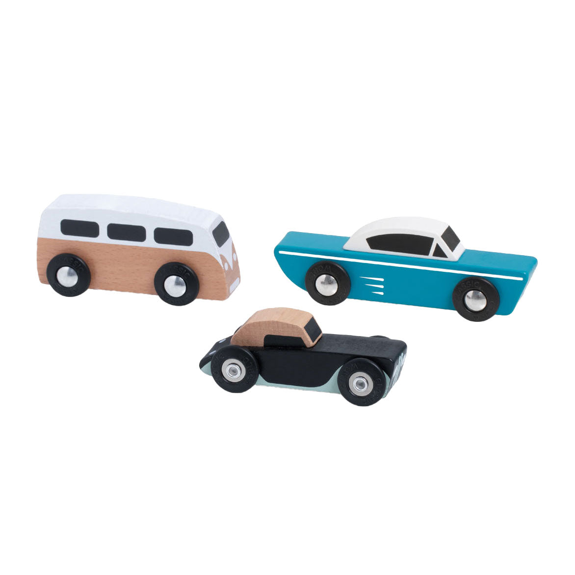 Klassieke wereld houten tour auto's set, 3st.