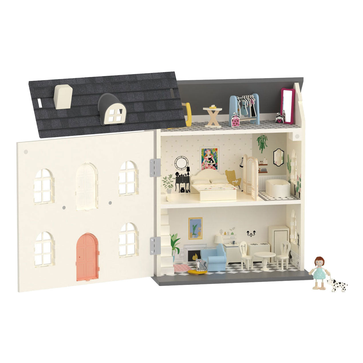 Klassieke wereld houten vintage poppenhuis, 36dlg.