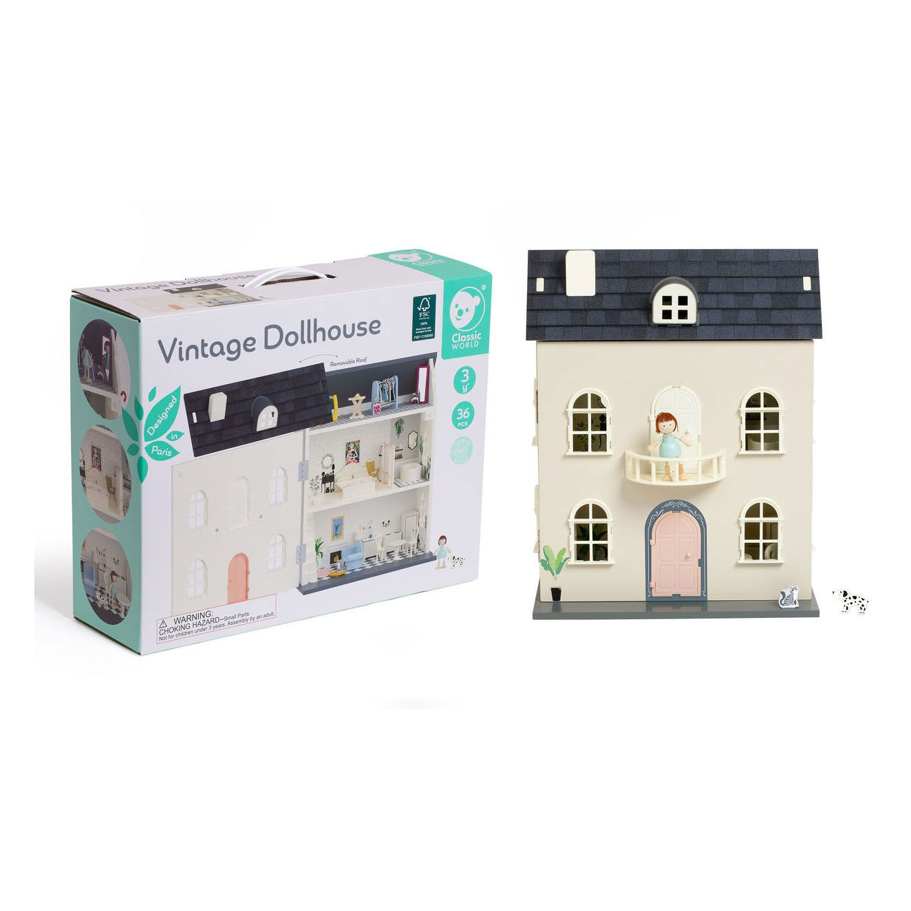 Klassieke wereld houten vintage poppenhuis, 36dlg.