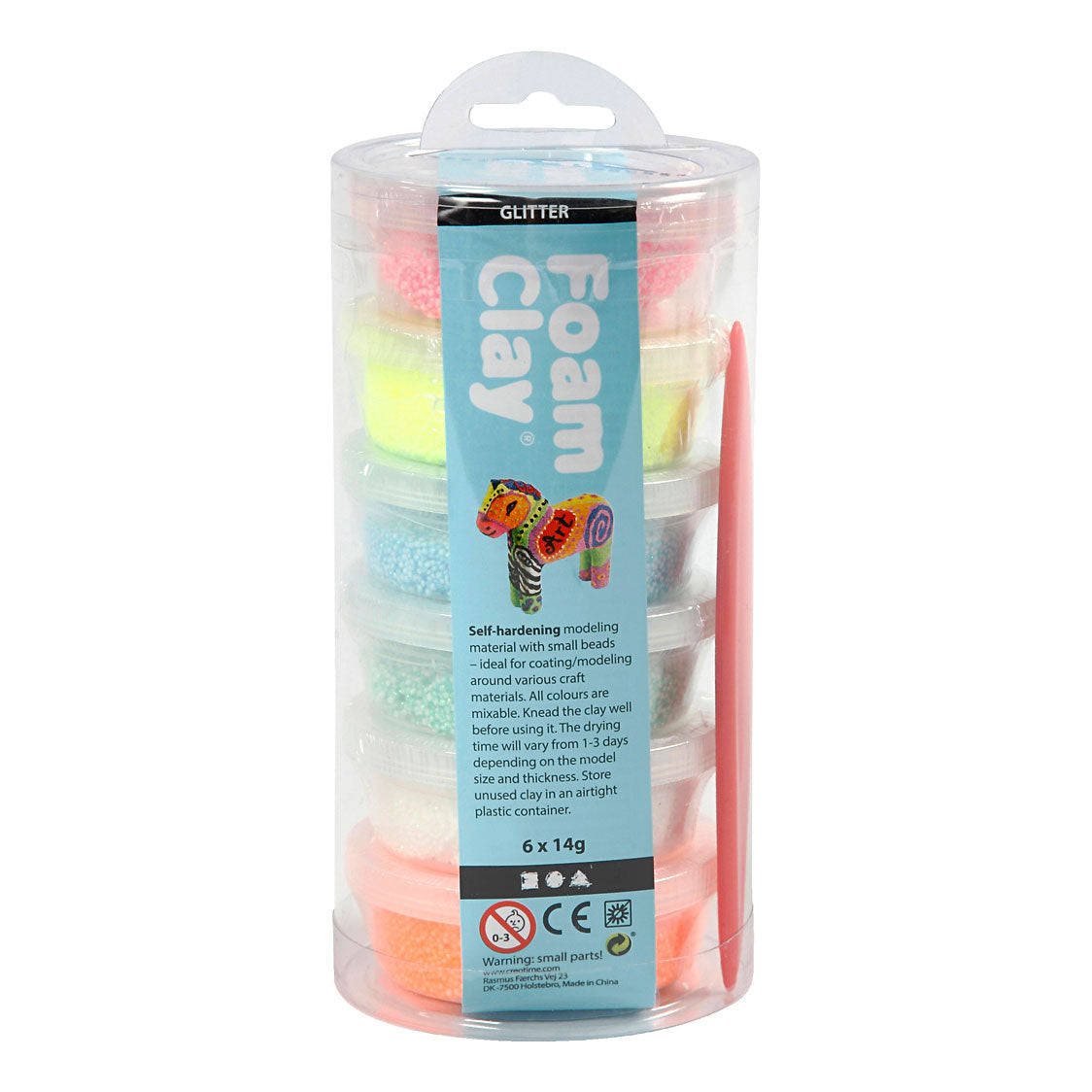 Creativ company foam clay pastel kleuren glitter, 6x14gr.