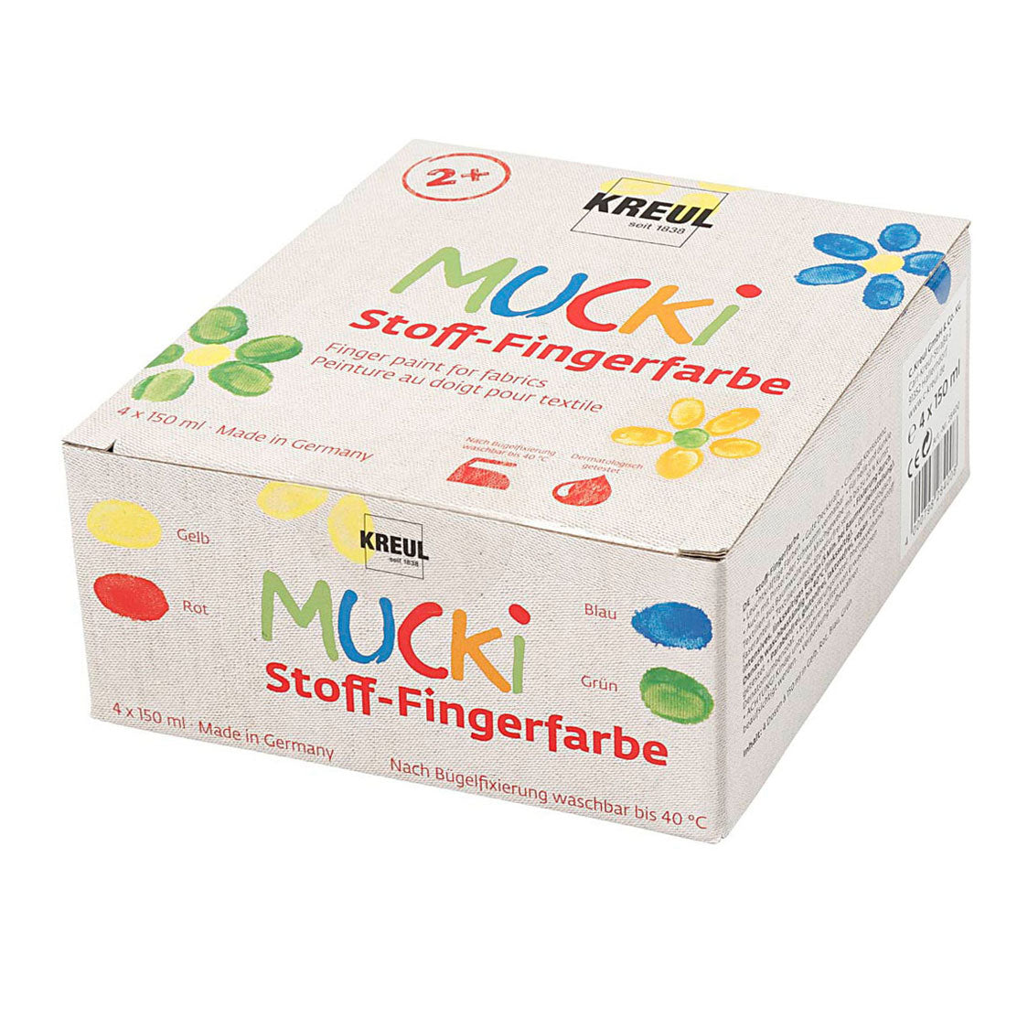 Creatief bedrijf muck vingerverf blauw groen rood geel, 4x150ml