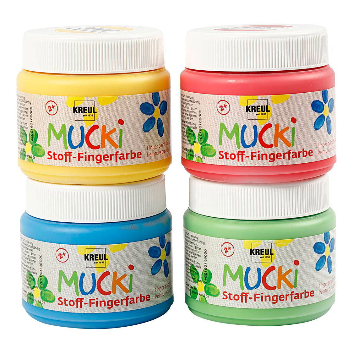 Creatief bedrijf muck vingerverf blauw groen rood geel, 4x150ml