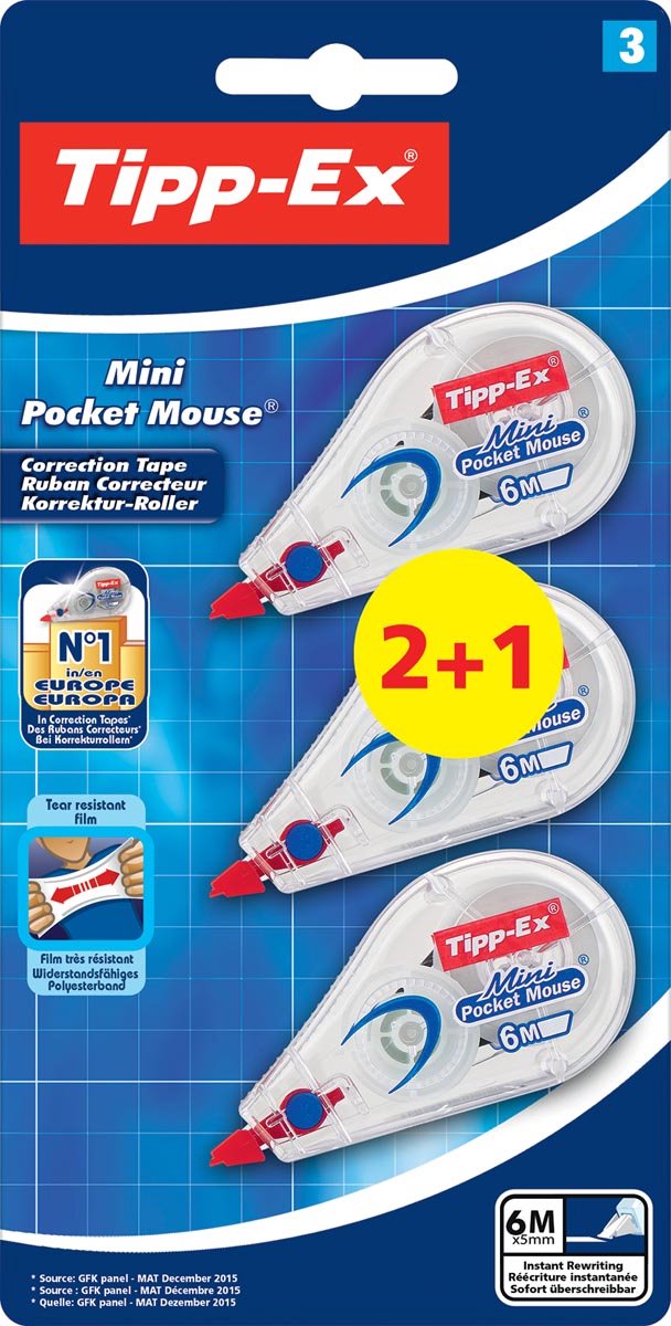 Tipp-ex - correctiemiddelen - pocket mini mouse 5 mm 2+1 - beschermdop - miniformaat