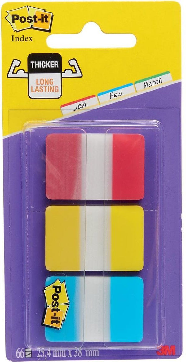 Post-it â® index strong, blauw, rood, geel, 25.4 x 38 mm, 22 tabs kleur dispenser