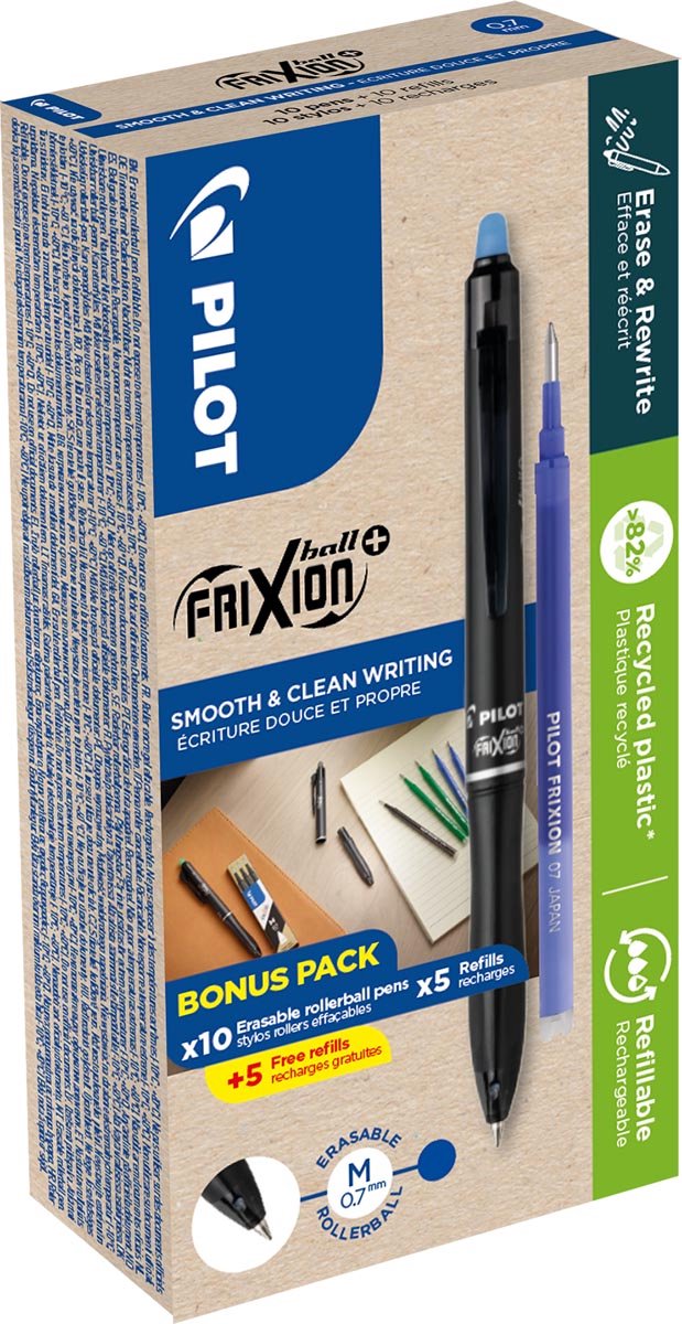 Pilot frixion ball plus roller | medium | blauw | doos van 10 stuks + 10 navullingen