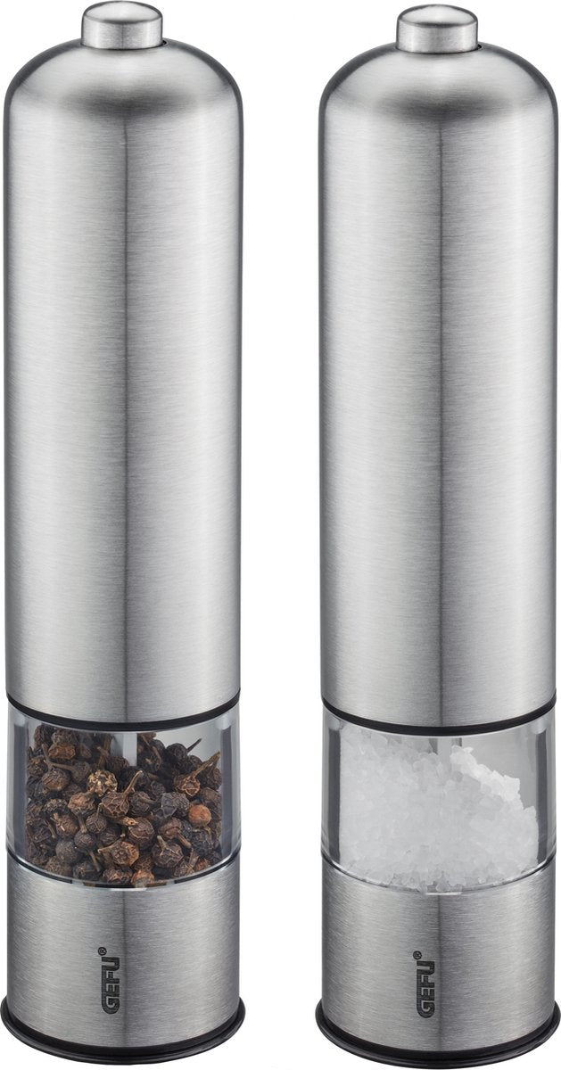 Gefu trico elektrische peper- en zoutmolen set – 2 stuks – keramisch maalwerk – traploos instelbaar – led verlichting