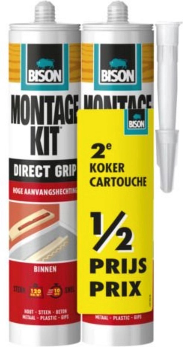 Bison montagekit direct grip koker 2x 370 g, duo verpakking, 2e koker halve prijs, extra sterk, hoge aanvangshechting, montagelijm, bevestigen, hoge eindsterkte, binnen en buiten, eenvoudig in gebruik